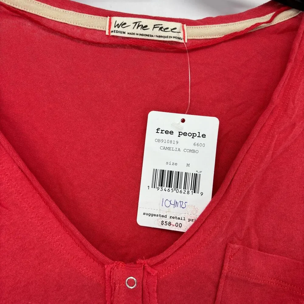 Free People Women's 3/4 Blouse Heart of Mine Cotton Flounce-Hem Colorblock Red M - Picture 6 of 7